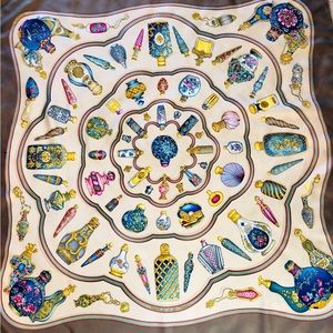 Colorful Hermes Silk Scarf with Beige Trim